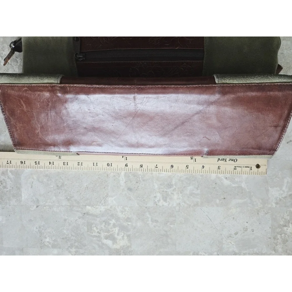 Leaders in Leather Purse Tooled Brown Leather‎ Green Suede Bag Floral Pattern